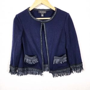 St. John Navy Blue Fringe Trim 3/4 Sleeve Blazer